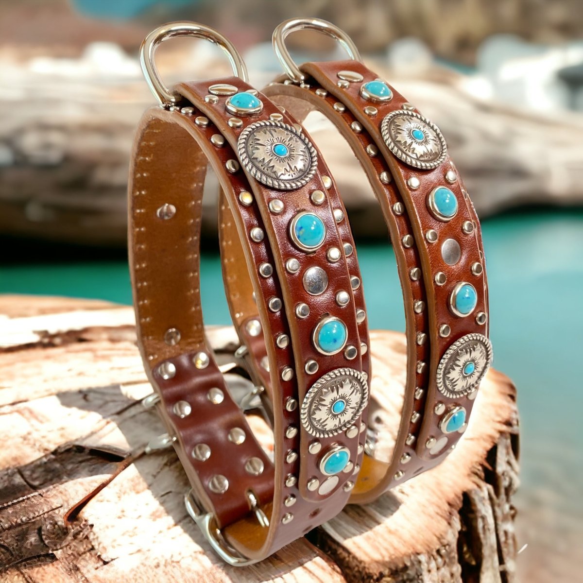 Leather dog collar with turquoise stones best sale